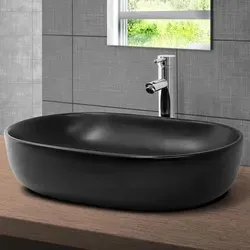 Keramik Waschbecken Aufsatzwaschtisch Schwarz 600 x 425 mm - Waschtisch aus hochwertiger Keramik, oval und in elegantem Schwarz, ideal für modernes Badezimmer. Einfache Installation und langlebige Qualität.