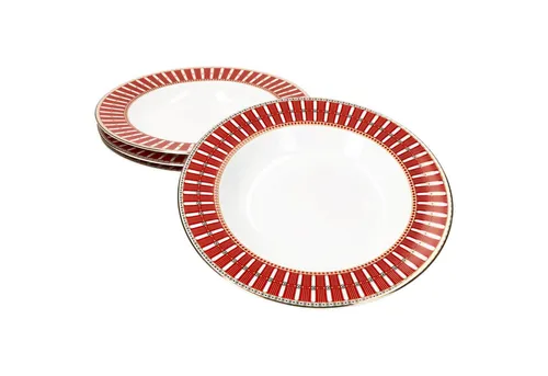 MamboCat 4er Set Polar Train Suppenteller - Hochwertige Suppenteller aus Porzellan mit weihnachtlichem rot-goldenem Dekor, ideal für festliche Anlässe und perfekt für 4 Personen. Robuste und langlebige Qualität für unvergessliche Festtage.