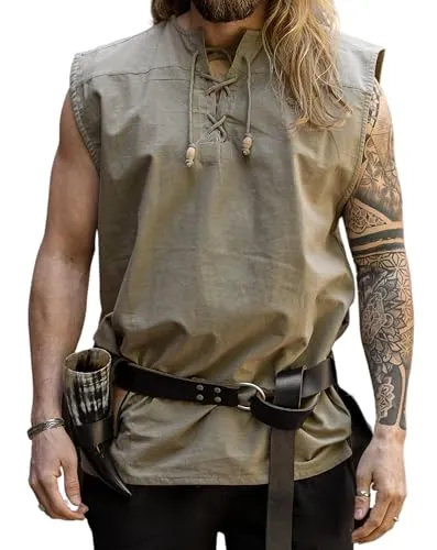 Leonardo Carbone® Ärmelloses Mittelalter Hemd Jean - Mittelalter Kleidung, Mittelalter Hemd Herren, LARP-Kleidung, Festival Outfit, Karneval Kostüm, Freizeithemden - 100% Baumwolle Hanf S