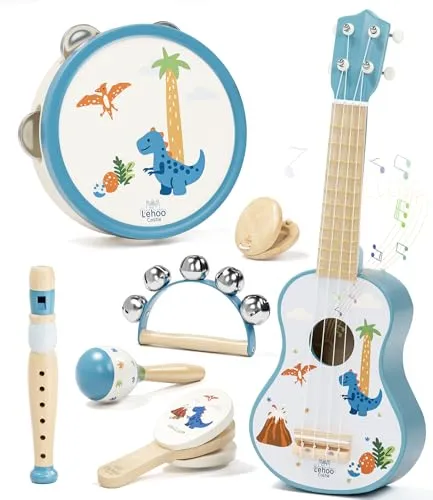 Lehoo Castle 7 en 1 Montessori Musikinstrumente für Kinder ab 1-3 Jahr, Mit Kindergitarre, Tamburin, Flöte, Maracas,Ukulele Kinder Montessori Holzspielzeug, Lernspielzeug Geschenk 1 2 3 Jahre Junge