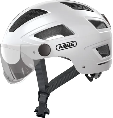 ABUS 86998 Fahrradhelm, Weiß (Polar White), L (56-61 cm) - Fahrradhelme: Stylischer City Helm mit großem Visier, LED-Rücklicht für hohe Sichtbarkeit und ausgezeichnetem Belüftungssystem für optimalen Tragekomfort.
