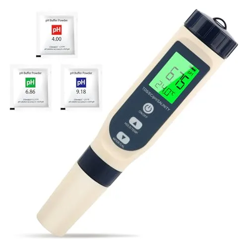 Hochpräzises PH Messgerät 5 in 1 – PH/EC/TDS/Salzgehalt/Thermometer mit automatischer Temperaturkompensation, LCD-Display – Ideal für Trinkwasser, Pool, Aquarium, Hydroponik