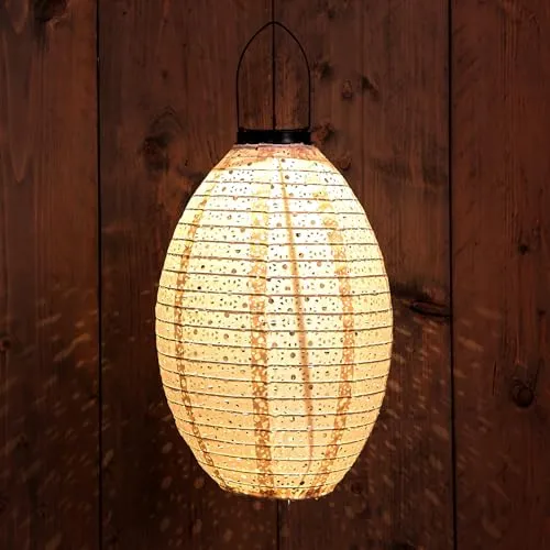 LED Solar Lampion oval sand aus Textil - 32 cm - Garten Deko Beleuchtung warm weiß - Solarleuchte Laterne Leuchtkugel Dekoleuchte Partylicht für Außen wetterfest