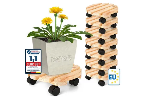 Oramics Pflanzenroller Rund aus Massivholz, Ø30 cm - Pflanzenroller aus massivem Kiefernholz mit 4 drehbaren Rollen, belastbar bis 120 kg – ideal zum mühelosen Verschieben Ihrer Pflanzen und zum Schutz Ihrer Böden.