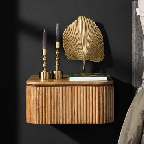 RINGO-Living Massivholz Nachttisch Mit Ablage & Schublade, Mangoholz Schwebend Stauraum, Vintage Style Nachtschrank, Industrie Style, Holz Metall, Echtholz