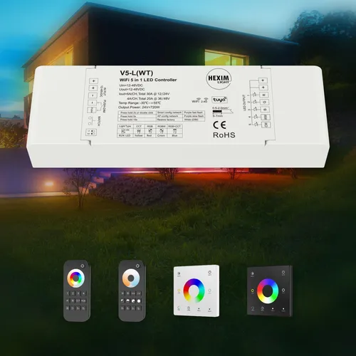 HEXIM 12-48V LED Controller mit Fernbedienung - Dimmschalter mit 5-Kanal Steuerung, Sprachsteuerung über Alexa und Google Assistant, ideal für Smart Home Beleuchtung und volle Kontrolle über Ihre Lichtgestaltung.
