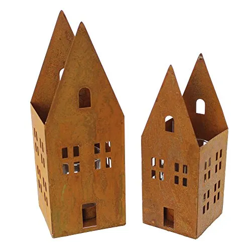 FRANK FLECHTWAREN Windlicht Rostoptik, im 2er Set, Haus, Geschenk zum Einzug, Gemütlich, stillvoll, vieseitig einsetzbar