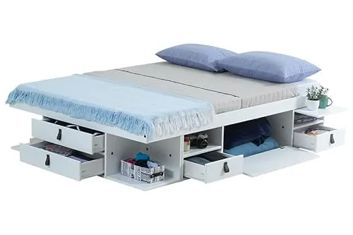 Memomad Stauraumbett Bali - Schrankbett 140x200, 160x200, 180x200 - Praktisches Funktionsbett mit großem Stauraum: 6 Schubladen, 4 Regalfächer und mehr. Ideal für kleine Schlafzimmer und inklusive Lattenrost. Hochwertige Verarbeitung aus nachhaltigem Kiefernholz.