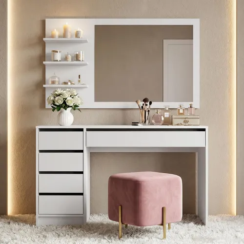Beautysofa Schminktisch Malta 120 cm mit Spiegel und Schubladen – Elegantes Design für dein Schlafzimmer - Der Schminktisch überzeugt durch seine breite Tischfläche, die Platz für Kosmetik und Dekoration bietet. Mit einem großen Spiegel für optimale Lichtreflexion wird das Styling zum Vergnügen. Wähle zwischen Weiß oder Kaschmir und passe ihn deinem Stil an.