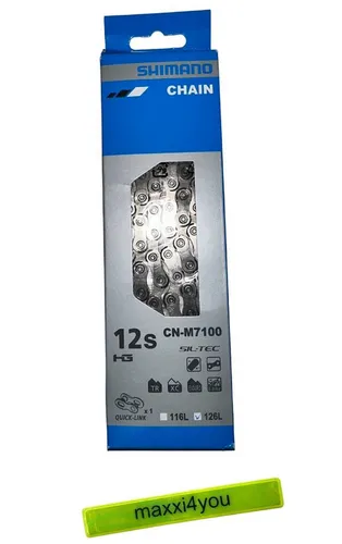 maxxi4you Shimano SLX CN-M7100 Fahrradkette 12-Fach 126 Glieder - Hochwertige Shimano Kette CN-M7100 für MTB mit SIL-TEC Beschichtung. Bietet verbesserte Kettenführung und Langlebigkeit. Inklusive Kettenschloss und maxxi4you Reflexband für mehr Sichtbarkeit.