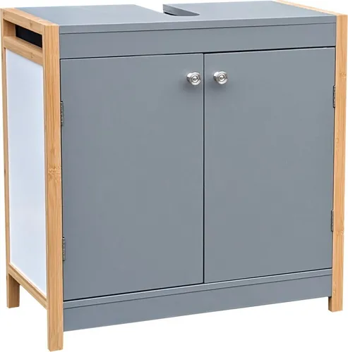 osoltus Waschbeckenunterschrank aus Bambus & Grau - Badezimmermöbel mit 2 Türen und magnetischem Verschluss, aus robustem Bambus und modernem grauem MDF – ideal für viel Stauraum und Feuchträume.