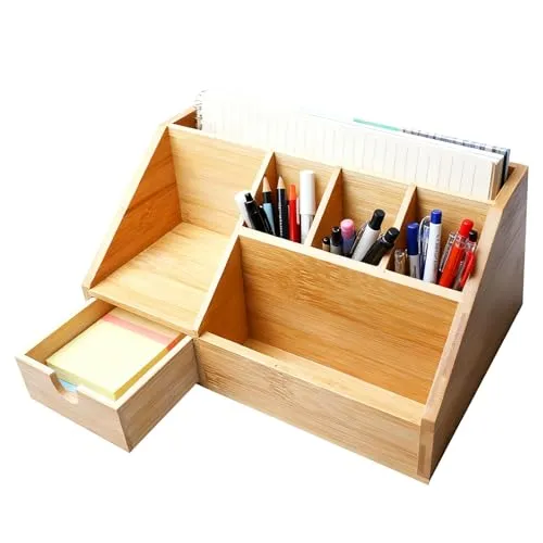 GBKDQQ Schreibtisch-Organizer aus Bambus mit Schublade – Eleganter Tischorganizer für Büro und Home-Office
