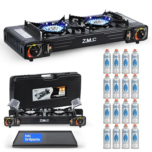 Z.M.C Premium Camping Gaskocher 2-flammig + Grillplatte + 16 Gaskartuschen 227g, Campingkocher mit Transportkoffer für Outdoor und Innenraum, Balkon Tisch Doppelgaskocher mit Piezozündung