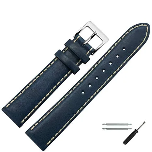 MARBURGER Uhrenarmband 22mm Leder Blau Silber Glatt Mit Naht - Montage Set 8062251000120