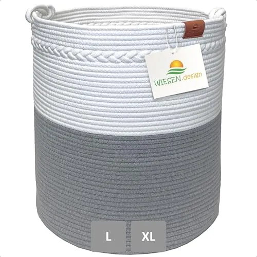 WIESEN.design Korb KNUT Ø46xH48 cm Grau/Weiß/80L, Wäschekorb geflochten aus Baumwolle, Wäschesammler, Aufbewahrungskorb groß, Korb geflochten, faltbarer Wäschekorb, Wäschetonne, laundry basket