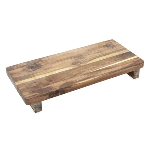 Teakholz Dekotablett rechteckig mit Füßen - 37 x 17 cm - Massivholz Kerzenbrett Natur rustikal - Holz Tischpodest Holztablett Servierbrett Tablett Advent Weihnachten Hochzeit Geschenk Deko