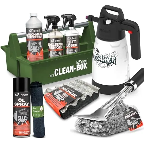 bio-chem Grillreiniger SET 9-teilig – Komplett-Set für perfekte Grillpflege - Grillreiniger-Set mit Rauchharz-Entferner, Fettlöser & Edelstahlpflege. Inkl. Grillbürste für mühelose Reinigung und optimalen Schutz.