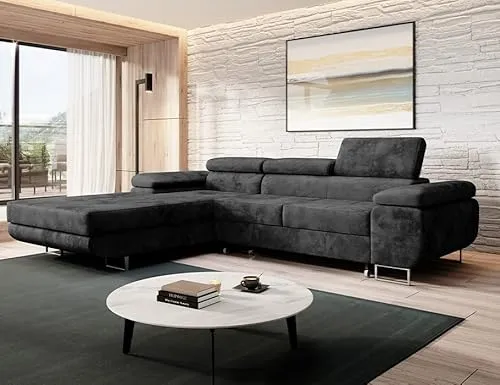 Sofa mit Schlaffunktion und Bettkasten - Ecksofa fur 3 Personen - NORBERG - Bequem Schlafsofa - L-Form - Modern Couch 72x279x205 cm - Ecke Links Graphit - MODERNO