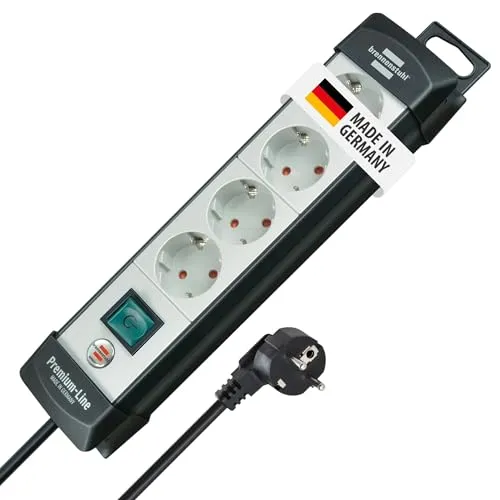 Brennenstuhl Premium-Line Steckdosenleiste 4-Fach - Steckdosen & Zubehör mit 5m Kabel und 45° Anordnung, ideal für Winkelstecker. Made in Germany, mit beleuchtetem Schalter und Wandmontage für mehr Sicherheit und Komfort.