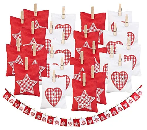infactory Weihnachtskalender: Adventskalender-Girlande mit 24 Säckchen, 9 x 7,5 cm, 185 cm lang (Adventskalender zum Befüllen, Weihnachtsmann)