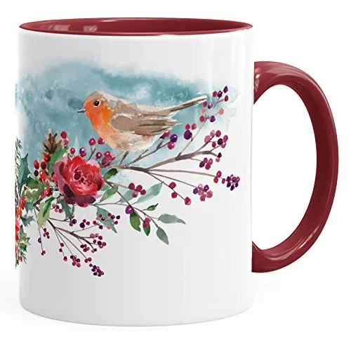 Autiga Kaffee-Tasse Vogel Rotkehlchen Blumen Misteln Watercolor Bird Weihnachten Christmas bordeauxrot unisize