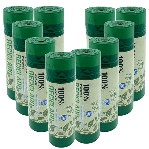 100% recycelt, 10 Rollen mit 20 Müllbeuteln (200 Beutel) mit Selbstverschluss, Fassungsvermögen 30 l, 55 x 60 cm.