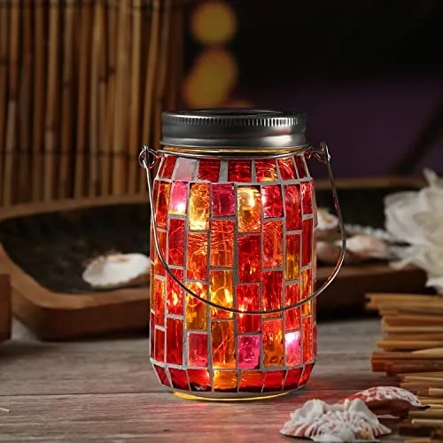 LED Solar Glas Mosaik Einmachglas mit Mosaiksteinchen und mit Henkel -Mosaikglas H: 13,5cm Windlicht mit Lichtsensor Solarlicht Solarlaterne (rot)