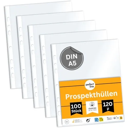 perfect line - 100 Prospekthüllen DIN-A5 - Klarsichtfolien Glasklar, Extra-Stark - Premium-Qualität 120 my, säurefrei, dokumentenecht