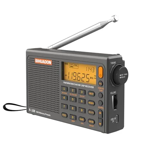 SIHUADON R-108 Tragbares Digitalradio - Tragbares Headset-Radio mit exzellentem Empfang, speichert bis zu 500 Radiosender und bietet eine lange Akkulaufzeit. Ideal für unterwegs mit kompaktem Design und klarer Hintergrundbeleuchtung.