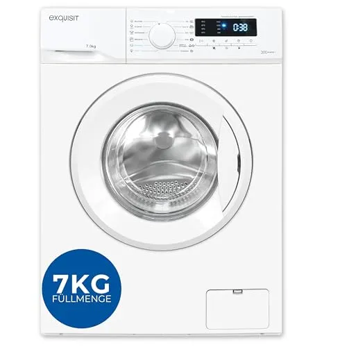 Exquisit Waschmaschine 7kg - Energieeffizienz A, 1400 U/Min - Waschmaschine für Familien – 7 kg Fassungsvermögen, 12 Programme, Aquastop und energieeffizient mit nur 45 kWh/100 Zyklen. Ideal für schonende Reinigung und maximale Flexibilität mit Startzeitvorwahl.