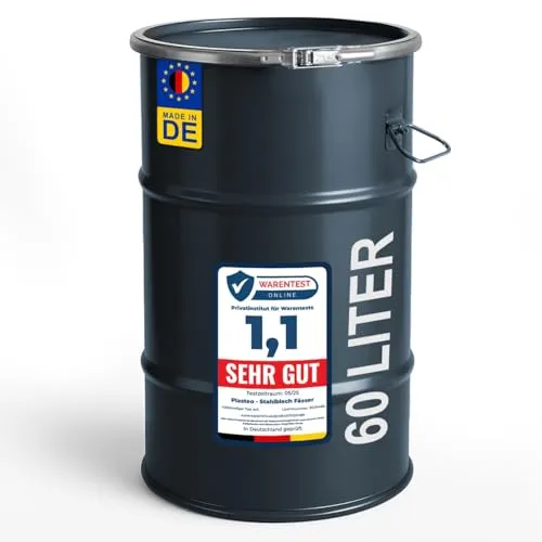 plasteo® 60 Liter Stahlfass Hobbock Deckelfass Stahlbehälter | Anthrazitgrau | UN-Zulassung | Made in DE | Lagerung Transport und Aufbewahrung | Robust Stabil | Luftdicht verschließbar