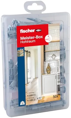 fischer Meister-Box Hohlraum 50-teilig - Dübel- und Schraubenset für Gipskartonplatten, optimal für Heimwerker und Profis, in praktischer Box mit transparentem Deckel für schnellen Überblick.