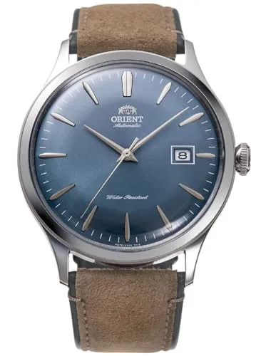 Orient Bambino Automatic RA-AC0P03L10B Herrenuhr - Beige/Blau - Elegante Herrenuhr mit japanischem Automatikwerk, 40h Gangreserve und stilvollem marineblauen Zifferblatt. Ideal für jeden Anlass und mit verschraubtem Gehäuseboden für zusätzliche Robustheit.