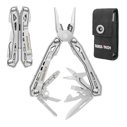 Swiss+Tech Multitool 16 in 1, Multifunktionszange Edelstahl Faltbares Multifunkstionswerkzeug Multifunktionale Zange mit Messer Flaschenöffner Gürtelclip für Camping Reparieren, mit Tragtasche