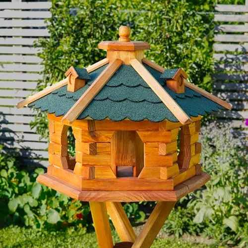 Deko-Shop-Hannusch Vogelhaus mit Ständer und Solarbeleuchtung - Futterstationen für Wildvögel, wetterfestes Bitumendach, praktisches Futtersilo zur einfachen Befüllung, sofort einsatzbereit und in verschiedenen Größen erhältlich.