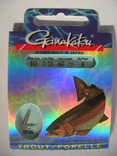 Gamakatsu Forellenhaken 3610N Spiral, Größe 10, 0,18 mm, 60 cm, 4er-Pack