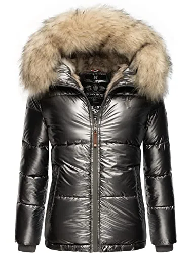 Navahoo Damen Winterjacke Steppjacke Tikunaa Anthracite Gr. S - Funktionsjacke mit stylischem Metallic-Look und abnehmbarer Kunstfellkapuze, perfekt für kalte Herbst- und Wintertage.