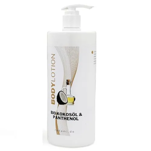 Bodylotion Bio Kokosöl & Panthenol Körperlotion 1L Duftnote von Ambra und Sandelholz verlockender Unisex Duft