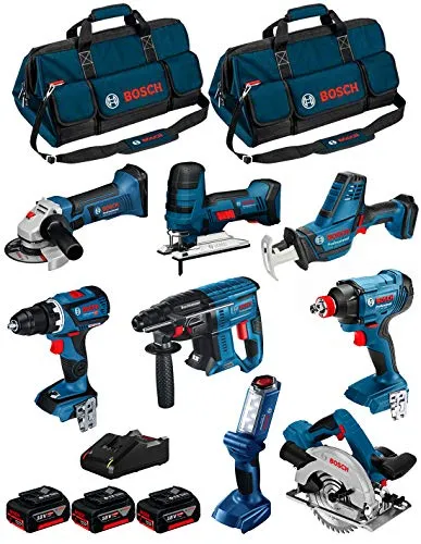 BOSCH Kit 18V BK802BAG - Komplettes Werkzeugset - Bohrmaschinen Set mit Schlagschrauber, Bohrhammer, Kreissäge und mehr, inklusive 3 leistungsstarker 5,0 Ah Batterien und Ladegerät - perfekt für Profis und DIY-Enthusiasten.