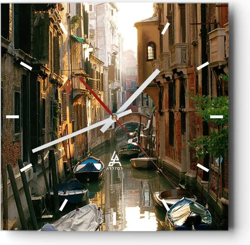 Wanduhr - Quadrat - Glasuhr - Venedig Brücke Wasser Haus - 40x40cm - Schleichendes Uhrwerk - Lautlos - zum Aufhängen bereit - Dekoration Modern - Wanddekoration aus Glas - C3AC40x40-2532