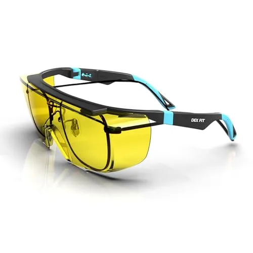 DEX FIT SG210 OTG-Sicherheitsbrille; Augenschutz Z87, beschlag- und kratzfest, verstellbar, Unisex, mit UV-Schutz (schwarzer und blauer Rahmen, getönte Gläser)