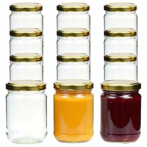 gouveo 12er Set Einmachgläser 580 ml Klassik mit Schraubdeckel goldfarben - Leere Vorratsgläser mit TO82 Deckel für Overnight Oats, Marmelade, Fruchtmus, Eintöpfe, Selbstgemachtes (EGKB580G)