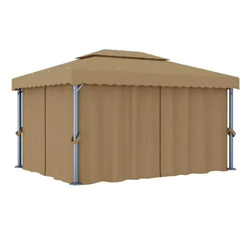 furnicato Pavillon Eleganter 4 x 3 m in Taupe mit Doppeldachdesign - Stilvoller Pavillon für Gartenfeiern und entspannte Stunden. Robustes Aluminiumgestell, UV-beständiges Dach und optimale Luftzirkulation durch Doppeldachdesign. Inklusive Vorhänge und Moskitonetze für zusätzlichen Komfort.