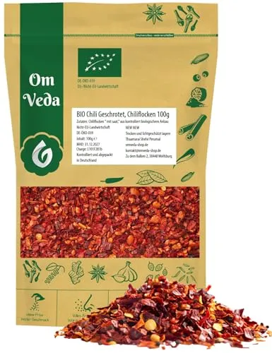 BIO Chili geschrotet mit Saat 100g | SEHR SCHARF Chiliflocken getrocknet | Chilli Chilies Chilis für Mühle | Organic Bio-Qualität DE-ÖKO-039 | Chilli Flakes | OmVeda (100G)