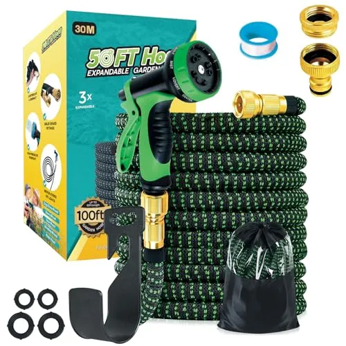 Funnity Gartenschlauch Flexibel 30M, Garten Wasserschlauch mit 10 Funktionen, Strapazierfähiger 3 Lagiger Latex Wasserschlauch 3/4 Zoll und 1/2 Zoll Metallanschlüsse,Grün Flexibler Gartenschlauch 30M