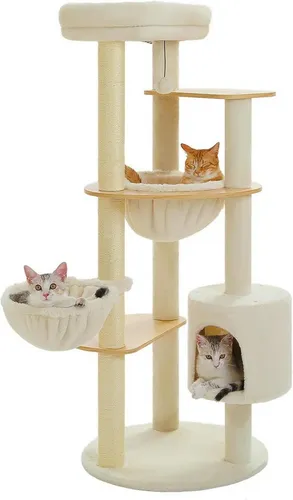 Purpurra Kratzbaum mit Echtholz-Platten und 2 Hängematten, 136 cm - VIELSEITIGER KATZENSPIELPLATZ: Dieser Kratzbaum bietet Platz für kleine bis große Katzen, ideal zum Krallen schärfen und Entspannen. Mit geräumigem Condo und stabilen Hängematten ist er perfekt für mehrere Katzenfamilien.