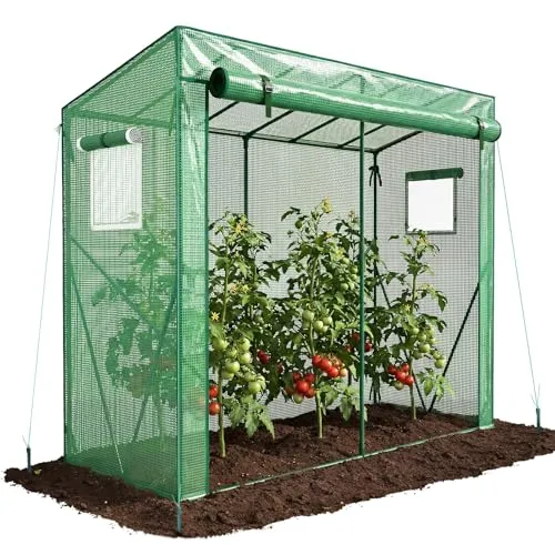 VOUNOT Gewächshaus Foliengewächshaus 200x77x170 cm, Schrägdach Tomatengewächshaus mit 2 Sichtfenster, Stabil Tomatenhaus für Gemüse, Blumen & Obst, Verstärkte PE-Folie 135g/m², Grün