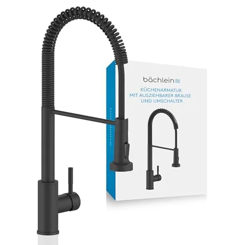 Bächlein Küchenarmatur Nedo – 360° schwenkbar (matt schwarz) - Armaturen mit flexiblem Auslauf und Brause – ideal für müheloses Spülen in jeder Ecke Ihrer Küche. Komplettset mit Zubehör für einfache Montage!