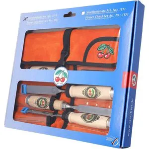 Kirschen Stechbeitelsatz 4 - tlg. in Verloursledertasche - Hochwertiger Stechbeitelsatz für präzise Holzarbeiten, inklusive schützender Verloursledertasche und ergonomischem Weißbuchenheft.