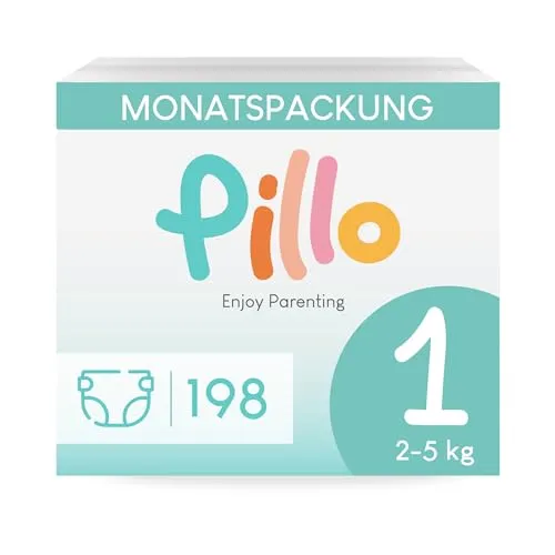Pillo Windeln 1 - Karton mit 198 Windeln, 6 Packungen mit 33 Windeln Größe 1 - New Born (2-5 kg) - Windel Neugeborene, Baby Diapers